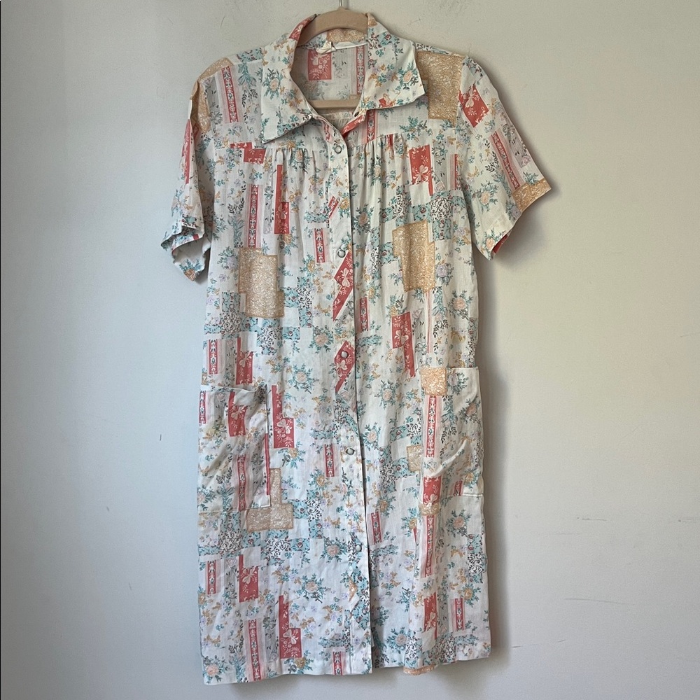 Vtg Atkins House Dress Medium Button Front Lounge Dress Floral Patchwork Med !